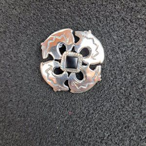 Vintage Southwestern Sterling Silver Bear Fetish Brooch Pendant with Black Stone